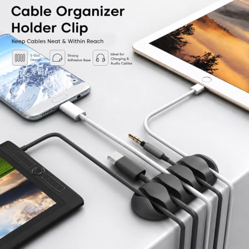 Image of Sounce Cable Organizer Clips, Self-Adhesive Silicone Cord Holder & Wire Manager for Desk, TV, PC, Car, Home, Office | Cable Management Hooks (Set of 10, Black)
