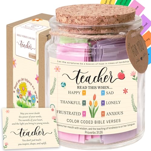Bible Verse Jar for Teacher – 92 Color-Coded Bible Verse, Teacher Appreciation Gifts, Christian Gifts For Teachers