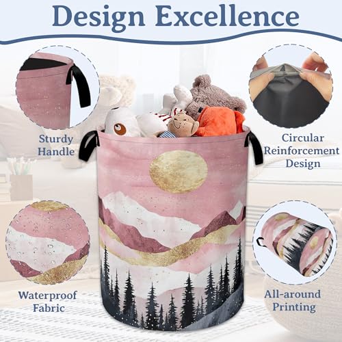 Image of Mountains Laundry Basket,Foldable Oxford Cloth Sun Forest Golden Pink Laundry Hamper with Handles, 20.8 inchx16 inch Tote Bag Clothes Storage Bucket for Laundry Room /Bathroom /Bedroom /Dormitories
