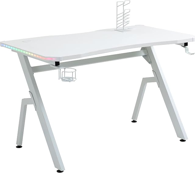 HOMCOM Gaming Desk Racing Style Home Office Ergonomic Computer Table Workstation with RGB LED Lights, Hook, Cup Holder, Controller Rack & Cable Management, White