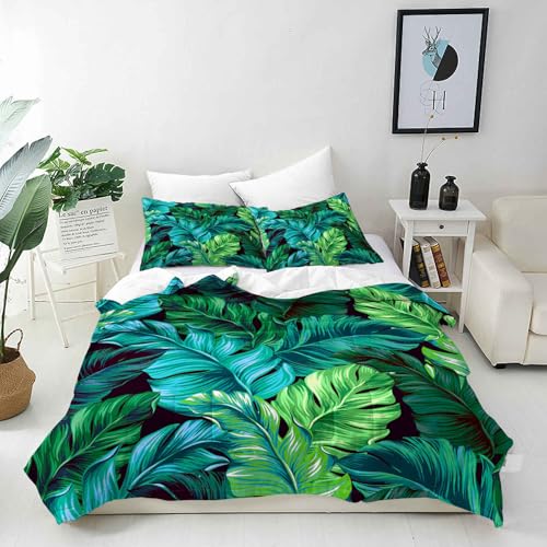ANHOPE Parure de Lit Tropical Turquoise Vert Feuille 140x200 cm avec 1 Taies d'oreiller 65x65 cm Microfibre Housse de Couette avec Fermeture Éclair 2 Pièces...