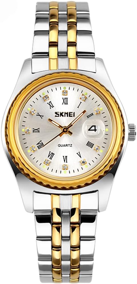 SKMEI Watches for Women Ladies Female Stainless Dress Luxury Business Classic Fashion Analog Quartz Waterproof Simple Day Date Wife Girls Gifts Gold Silver Wrist Watch
