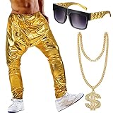 3 Pieces Hip Hop Costume Kit Men's MC Hammer Gold Costume Pants Men's Metallic Shiny Jeans, Gold Necklace Chain Metal Layered Chain, Flat Top Sunglasses for 80s 90s Rapper Accessories
