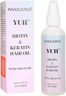 Macaria Yuii Biotin & Keratin Oil Serum, Straightening and Strengthening Oil, Frizz-Free Hair, with Added Argan Oil, For Women & Men By Japanese Technology