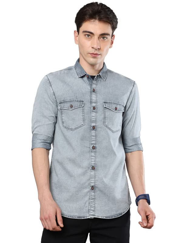 STREETKING Street King Men Grey Light Denim Double Pocket Casual Regular Fit Full Sleeves Shirt XL – Size STREETKING Street King Men Grey Light Denim Double Pocket Casual Regular Fit Full Sleeves Shirt XL – Size