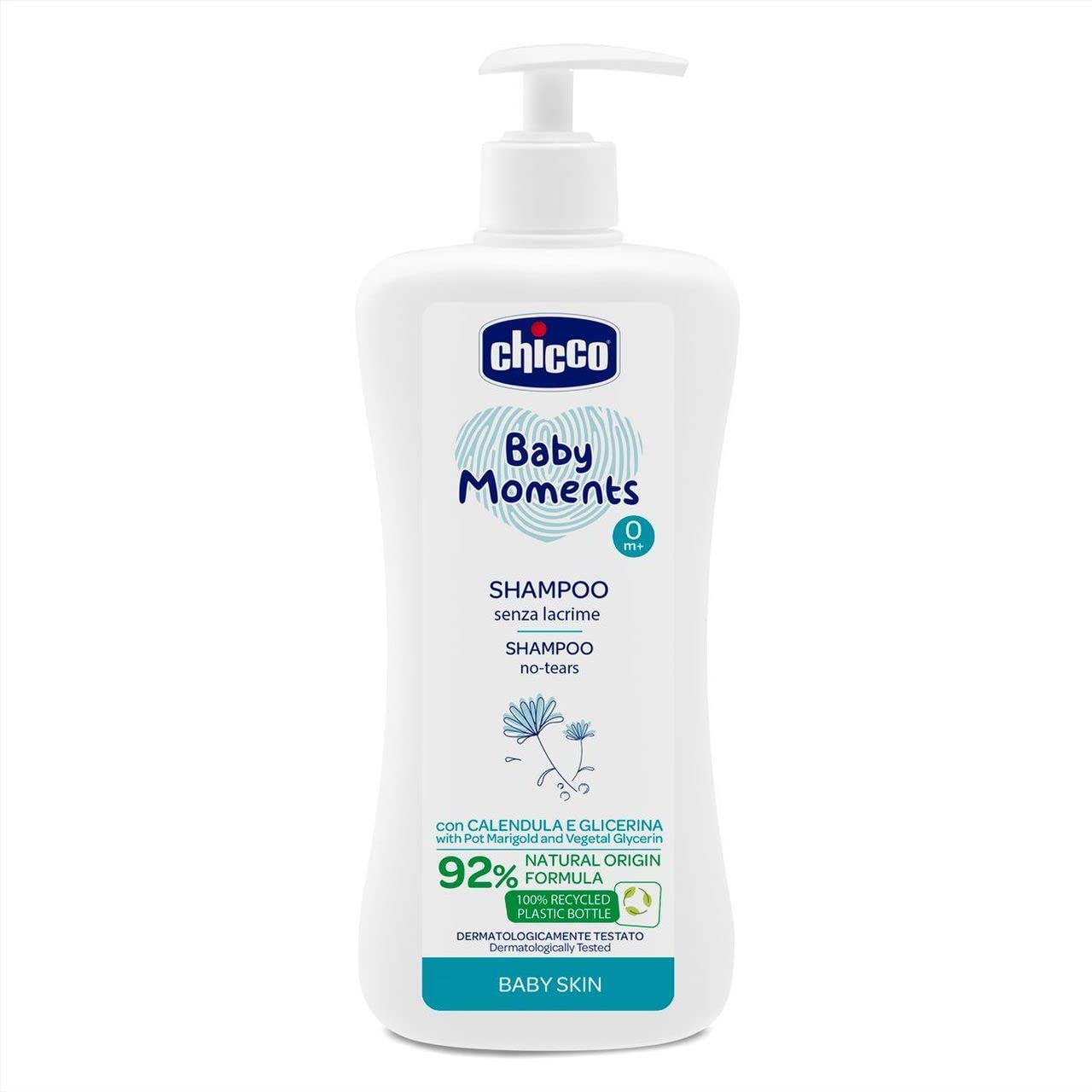 Chicco Baby Moments Shampoo & Body Wash, Tear-Free Formula, Dermatologically and Ophthalmologically tested, Suitable for Sensitive Skin, 100% Recycled Plastic, 500ml, 00010591000000