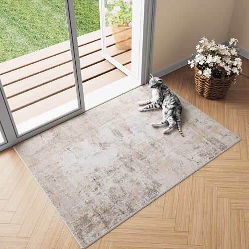 HUGEAR Waschbare Teppiche Rund Gegend Teppich 120cm Beige Grau Modern Abstrakt Wohnzimmer Schlafzimmer Teppisch Runder rutschfest Kurzflor Weich Rugs for Living Room Carpet for Esszimmer Bür
