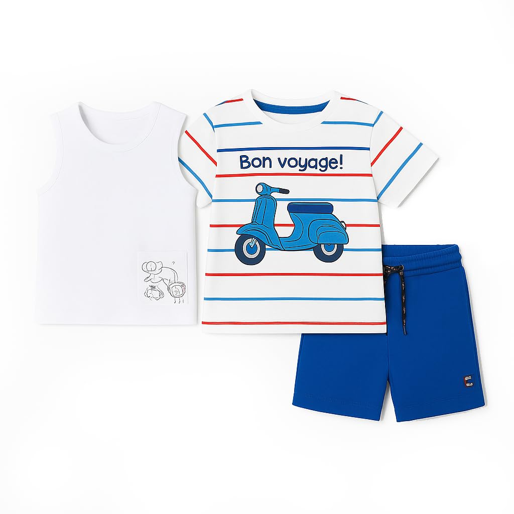 Generico Completo Estivo Neonato Maschio Mayoral 6-24 Mesi 3 Pezzi: T-Shirt Righe Vespa, Canotta Bianca Safari, Pantaloncini Blu Cotone Leggero 1663
