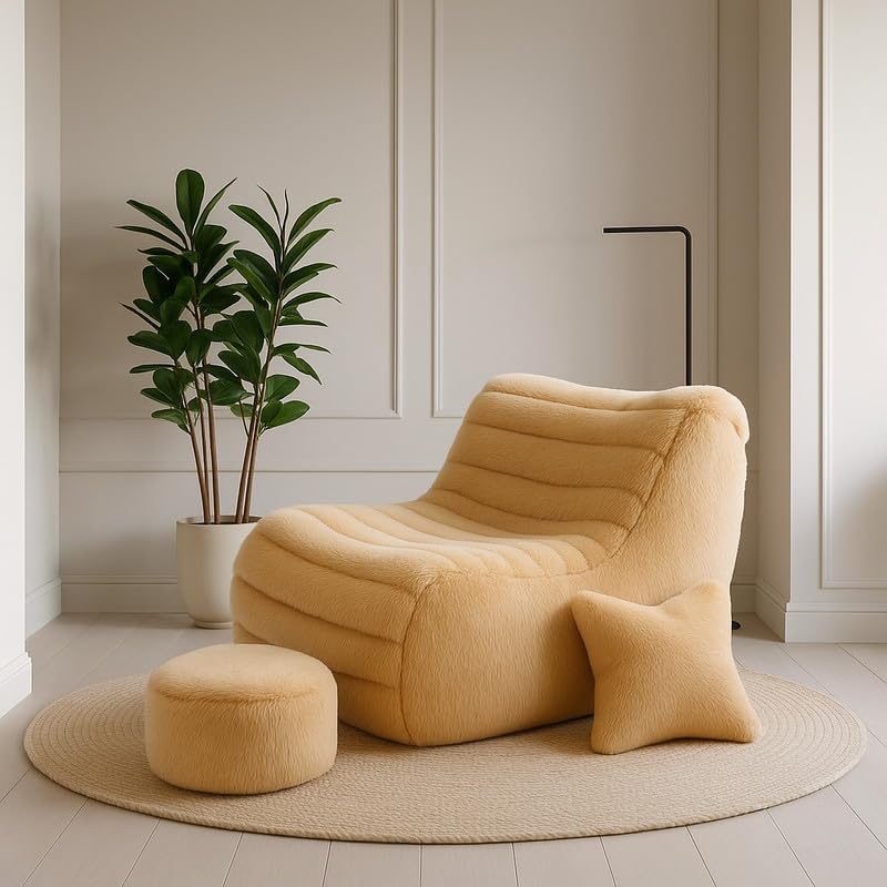 Image of Biggie Bean Bag Chair with Beans Filled 5XL Elegenza Chair-Laziness Pro Max-Crafted for Comfort-Styled for Elegance with Free Cushion & Footrest (Matching Color : Soft Fur Cream)