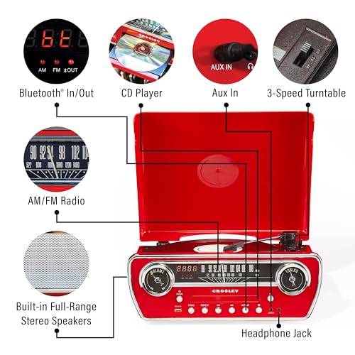 Crosley CR6047A-RE Powel 7-in-1 Bluetooth in/Out Vinyl Record Player with AM/FM Radio, CD Player, and Aux-in, Red - Les Beatles, Paul McCartney, John Lennon, RIngo Starr, George Harrison Crosley CR6047A-RE Powel 7-in-1 Bluetooth in/Out Vinyl Record Player with AM/FM Radio, CD Player, and Aux-in, Red – Image 3