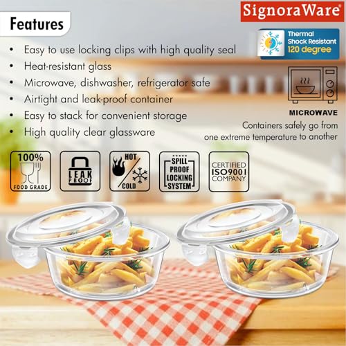 Image of Signoraware Safe Store Glass Round Containers | Airtight & Leakproof | Microwave Safe | Ideal for Reheating, Baking or Serving | Best for Office Lunch & Outdoor Activities (400mlx2 | Setof2 | Clear)
