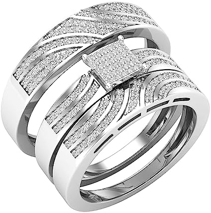 Dazzlingrock Collection 0.42 Carat (ctw) Round White Diamond Men's & Women's Engagement Ring Trio Bridal Set in 10K White Gold