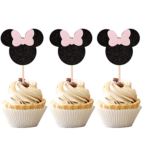 24 Pcs Black And Pink Mouse Inspired Cupcake Toppers With Bow Glitter Mini Cupcake Picks Baby Shower Wedding Kids Birthday Party Cake Decorations Supplies #TOP5