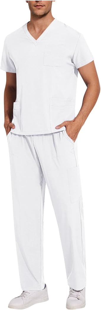 Mens Scrubs Sets 2 Piece Solid Color Stretch Short Sleeve Shirts Straight Leg Pants with Pockets 2026 Fashion