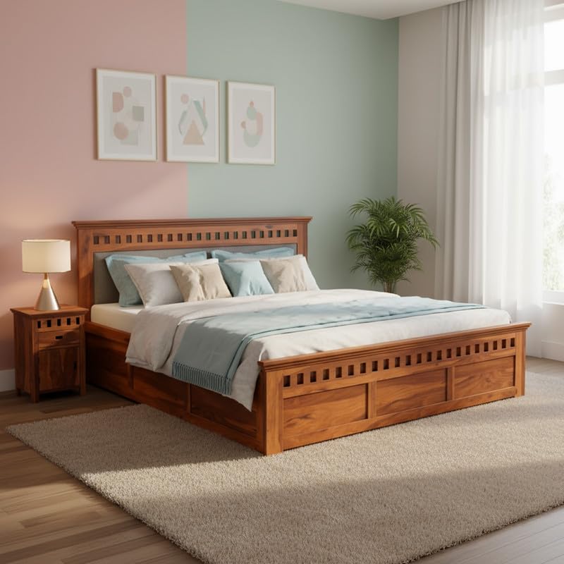 Image of Amazon Brand - Solimo Solid Sheesham Wood Kuber King Size Upholstered Bed with Box Storage + 2 Bedside | Wooden King Size Cot Bed | Double Bed with 2 Bedside Furniture for Bedroom (Honey Finish)