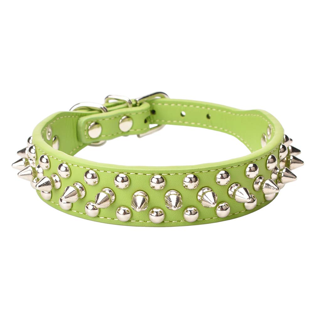 Mushrooms Spiked Rivet Studded Adjustable Microfiber Leather Pet Collars for Cats Puppy Dogs (12"-14.5" Neck, Green)