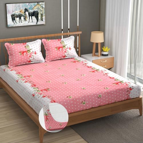 Image of Premium Heavy Cotton Elastic Fitted Bedsheets with 2 King Size Pillow Covers || Double Bed with All Around Elastic 350 TC || 72 x 78 x 10 Inch King Size Fitted || - Pink Dot