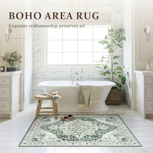 Deerly Vintage Green Area Rug 3x5 Small Entryway Rug Boho Thin Area Rugs for Living Room Non-Slip Lightweight Washable Rug for Kitchen Entryway Bedroom Dining Room Office, Green/Multi