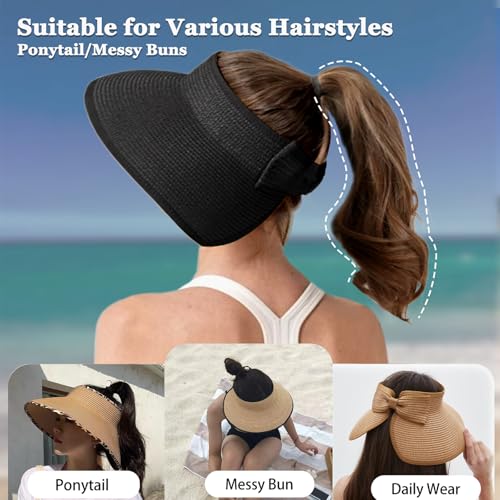 Image of Summer Straw Beach Sun Visor Ponytail Hats for Women Foldable Floppy