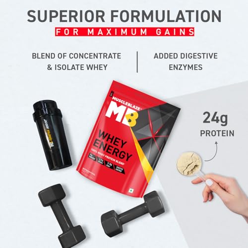 Image of MuscleBlaze Whey Energy (Mango Cream, 1kg / 2.2lbs) | 24g Protein, 100% Whey Protein Blend, Added Digestive Enzymes