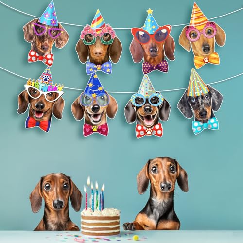 Image of Dachshund Birthday Banner Garland - Photographic Weiner Dog Faces Birthday Decoration, Funny Dachshund Bday Party Bunting for Weiner Dog Lovers, Pre-Strung & Ready to Hang