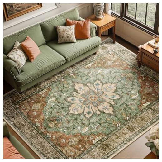23+ Chic Old Money Living Room Ideas for Timeless Elegance 5 RELEANY Area Rugs 8'x10' Washable Non-Slip, Floral Vintage Distress Print Pattern Medallion Carpet for Living Room Bedroom Dining Room, Brick Red Rust Neutral Brown Burnt Orange Green