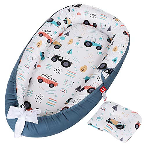 Image of Go2bedroom Baby Lounger Cover Baby Nest Cover for Newborn Baby Co Sleeping Sleeper Breathable Baby Bed Cover for Traveling Infant Portable Crib Bassinet Thicken Ultra Soft Baby Nest (AA-Trucks)