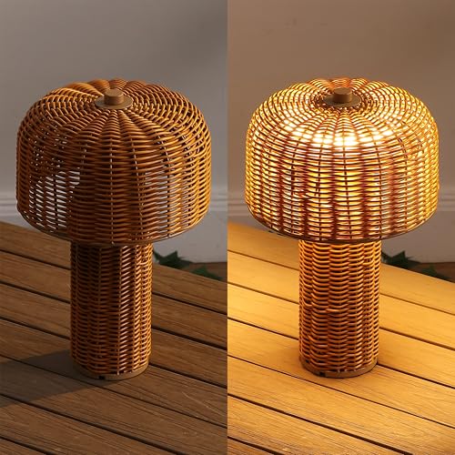 Image of JONATHAN Y 10 inch Light Brown /Brown Modern Scandinavian Faux Wicker Rechargeable Table Lamp Set of 2, Cordless Dimmable Integrated LED Lantern for Indoor /Outdoor Patio, Woven Shade (JYL7155B-SET2)