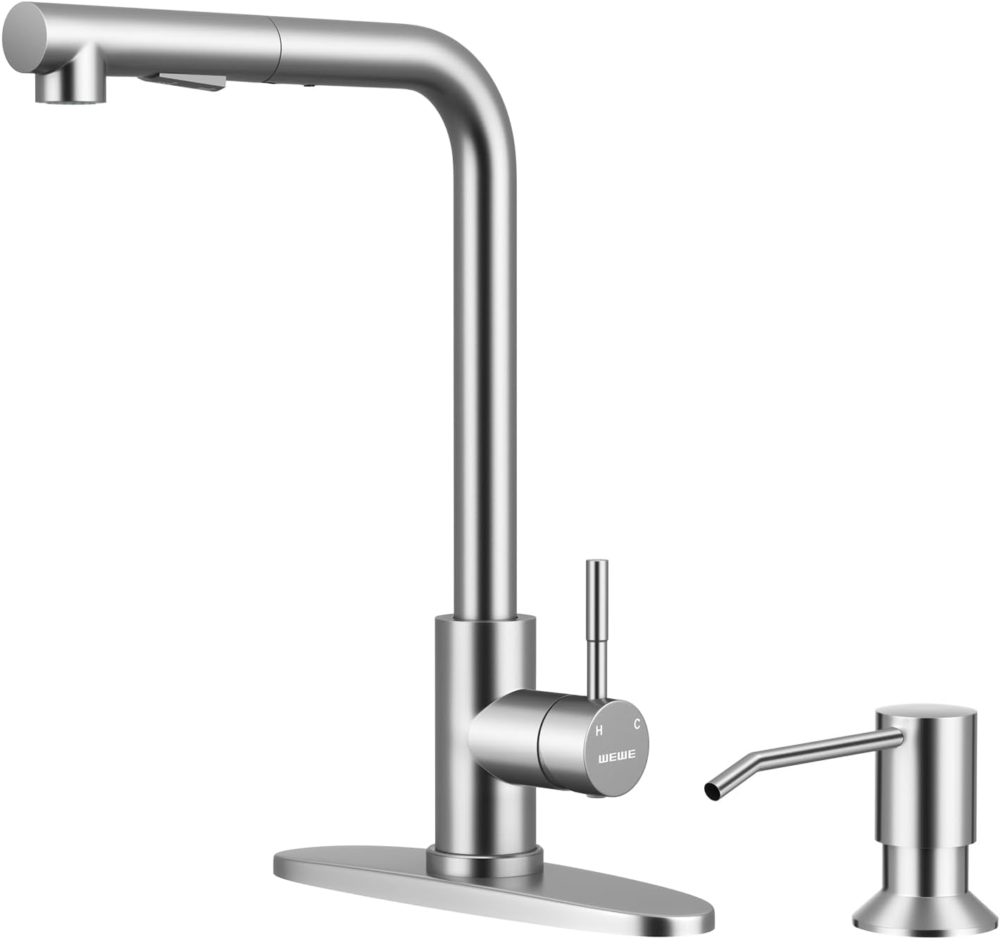 WEWE Single Handle Pull Down Kitchen Faucet, High Arc Brushed Nickel Stainless Steel Sink Faucet with Soap Dispenser and Easy DIY Install for 1 or 3 Hole Deck