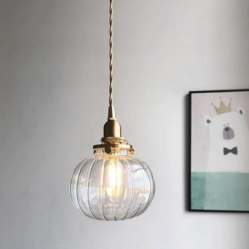 2 Pack Bedroom Bedside Pendant Lights, Mid Century Vintage Brass Lamp Head Hanging Pendant Lamp with 5.1in Clear Glass Shade, Adjustable Cord