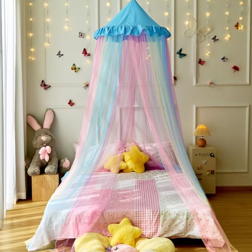 Image of Blue Rainbow Bed Canopy Twin Size Breathable Canopy Bed Curtain for Bed,Princess Play Tent for Girls Bedroom Decoration Reading Nook