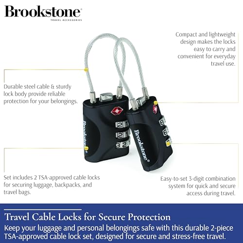 Image of Brookstone Cable Lock - 2 Pack 3-Digit Keyless TSA Approved Locks for Luggage - Resettable Combination Luggage Lock, Size One Size, Black