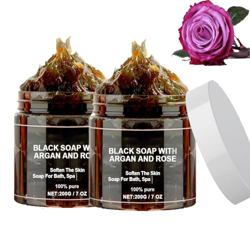 Moroccan Black Soap Bar with Argan Oil Rose， 200g Exfoliating Soap for Body Scrub， Deep Cleansing, Moisturizing Gentle Skin Polish，makes it smooth and delicate (2PCS)