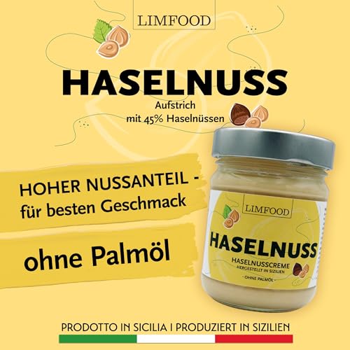 Limfood | 190g Haselnusscreme süß, 45% Haselnussanteil, hergestellt in Bronte, Italien, süßer Brotaufstrich | hoher Nussanteil | ohne Palmöl