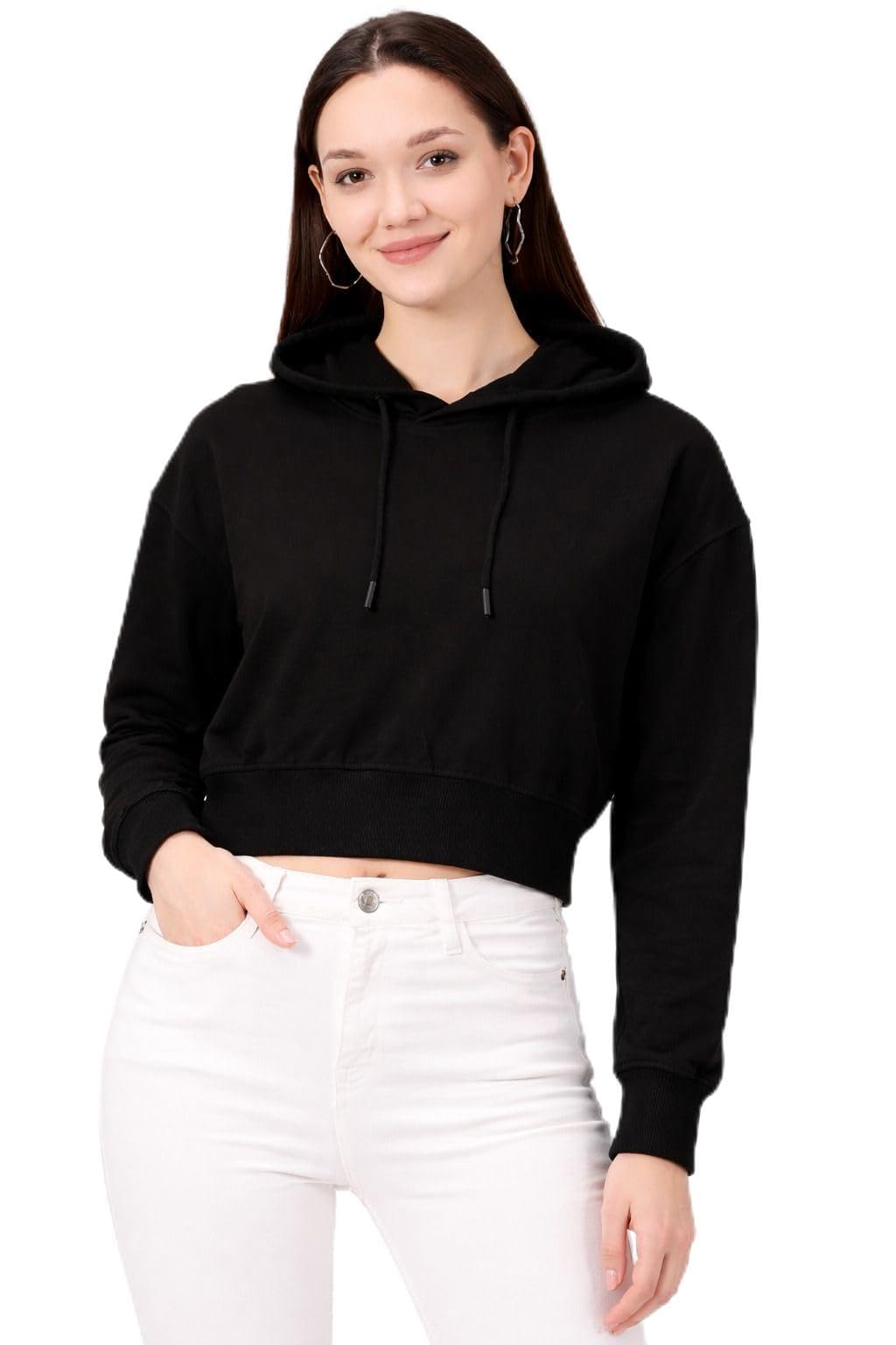 Women's Cropped Hooded Sweatshirt | Premium Polycotton Fleece | Full Sleeve | Soft, Warm & Comfortable | Casual Hoodie for Gym, Travel & Everyday Wear-image-10