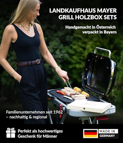 Salzstein Grillgut mit Taschenmühle und Steakgewürz in Holzbox