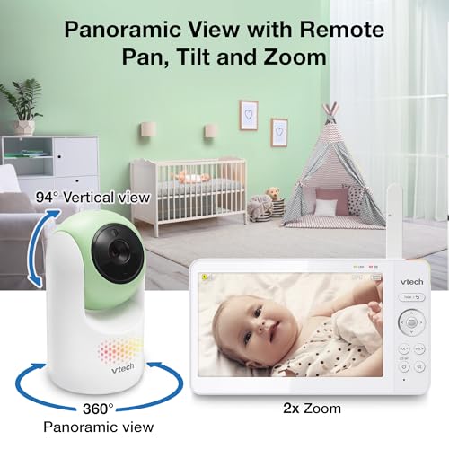 Image of VTech Baby Monitor No WiFi, 7 inch IPS Screen, 5000mAh 12Hr Battery, 360 Pan Tilt Zoom, Night Vision, Multi-Color Night Light, 2-Way Talk| Advanced Max Green
