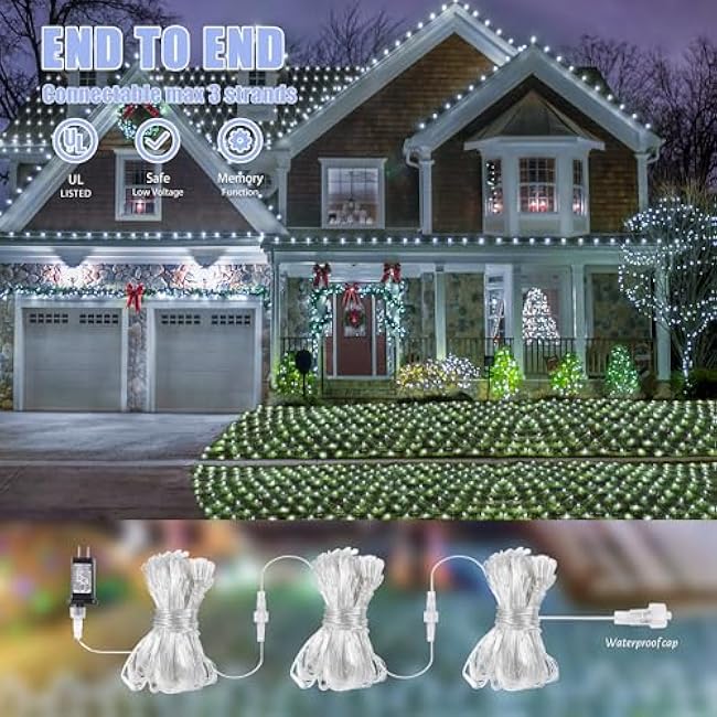 HEYFUNi Net Mesh Waterproof String Lights,360LED 13ft x 5ft Christmas Net Lights, 8 Modes,Connectable for Indoor Outdoor, Curtain,Garden,Christmas Tree, Bush, Party, Holiday, Wall Decor (White)