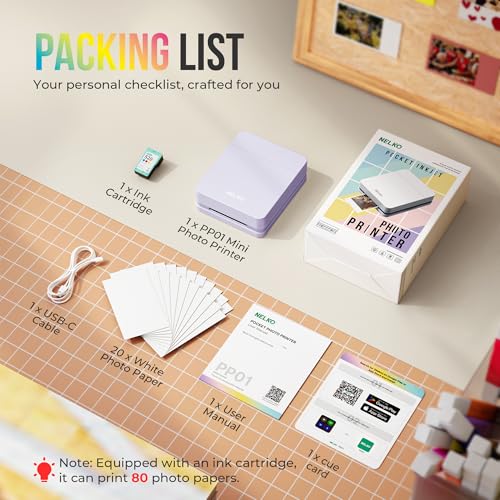 Nelko Fotodrucker PP01 Farbe Tragbarer Mini Fotodrucker für Smartphone mit 20 Fotopapier, Tintenstrahl Aufkleber Drucker, Sticky Back Fotos für iOS & Android, Smart AI APP, Lila