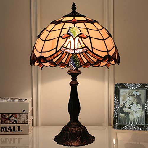 IUokLU 12" LampBeige Stained Glass Shade Table LampBedside Bedroom Lamp Table LightAccent Desk LampAntique Desk Light for Living Room19 TallResin base,Alloy Base