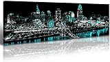 Cincinnati City Skyline Wall Art Framed Black and White City Decor Teal Turquoise Panoramic Modern Cityscape Pictures Paintings Canvas Artwork for Bedroom Office Home Decorations Ready to Hang 14x48