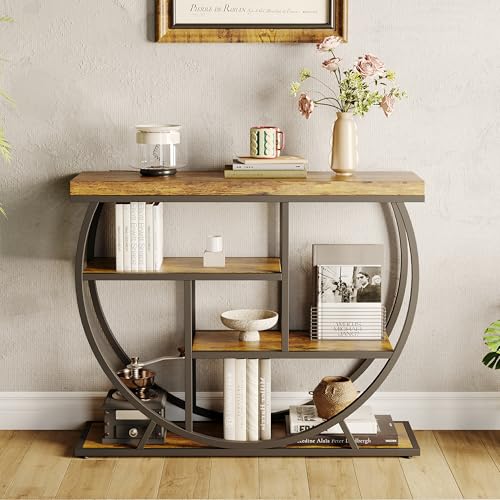 Garvee Entryway Table with Storage, Industrial 4-Tier Narrow Console Table Behind Couch with Half-Circle Base & Storage Shelves for Living Room, Hallw