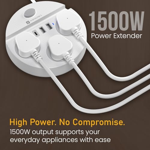 Image of Portronics Power Plate 5 Pro, 6-in-1 Power Extension Board with 3 Universal Sockets, 2 USB-A & 1 Type-C Port, 1500W Output, Built-in Mobile Holder, 2M Long Cord, Overload & Surge Protection