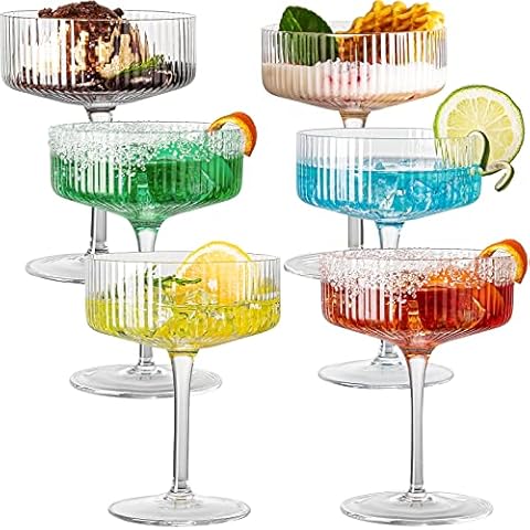 wookgreat Vintage Art Deco Coupe Glasses, Set of 6 Ribbed Coupe Cocktail Glasses, 10 oz Classic Martini Glasses, Elegant Hand Blown Manhattan Goblet for Bar, Martini, Cosmopolitan, Gimlet, Pisco Sour Cover