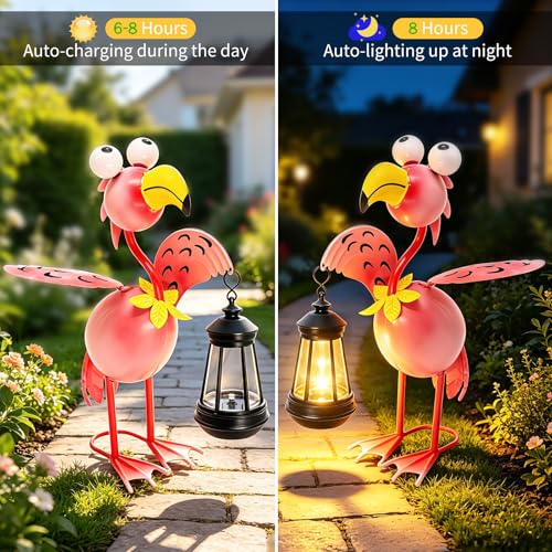 Image of VOOKRY Solar Flamingo Garden Statue with Lantern,Metal Flamingo Outdoor