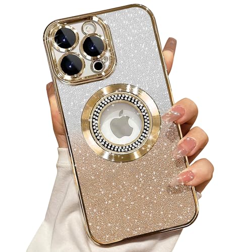 Misscase for iPhone 12 Pro Max Magnetic Glitter Case Compatible with MagSafe,Full Protection Slim Shockproof Anti-Scratch Case with Camera Lens Protector Logo View Dust-Proof Net for Women Gold