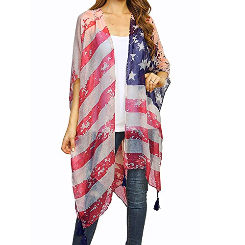 Women's Faded American Flag Sleeveless Cardigan Vest (Gray/Pink Tassle)