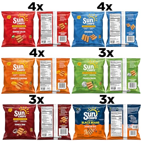 SunChips 100% Whole Grain Chips, Variety Pack, 1 oz Bags, Pack of 21, No Artificial Flavors, No Colors from Artificial Sources