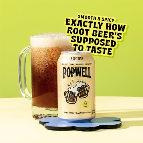 Image of Popwell Root Beer Better-For-You Prebiotic Soda, with 6g Fiber, 1g Sugar, Vitamins and Immunity Support, 12 fl oz Cans (pack of 12)