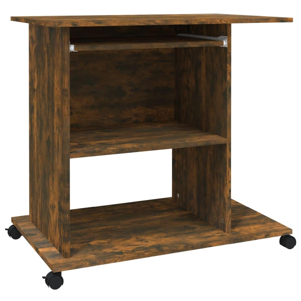 Rolling Computer Desk with Keyboard Tray & CPU Stand, Smoked Oak | Space-saving engineered wood workstation measuring 31.5 x 19.7 x 29.5 inches, ideal for small home office spaces.
